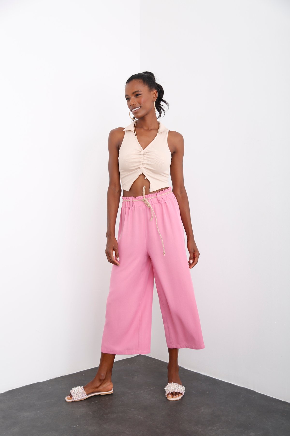 Pembe Geniş Paça Keten Pantolon 50146