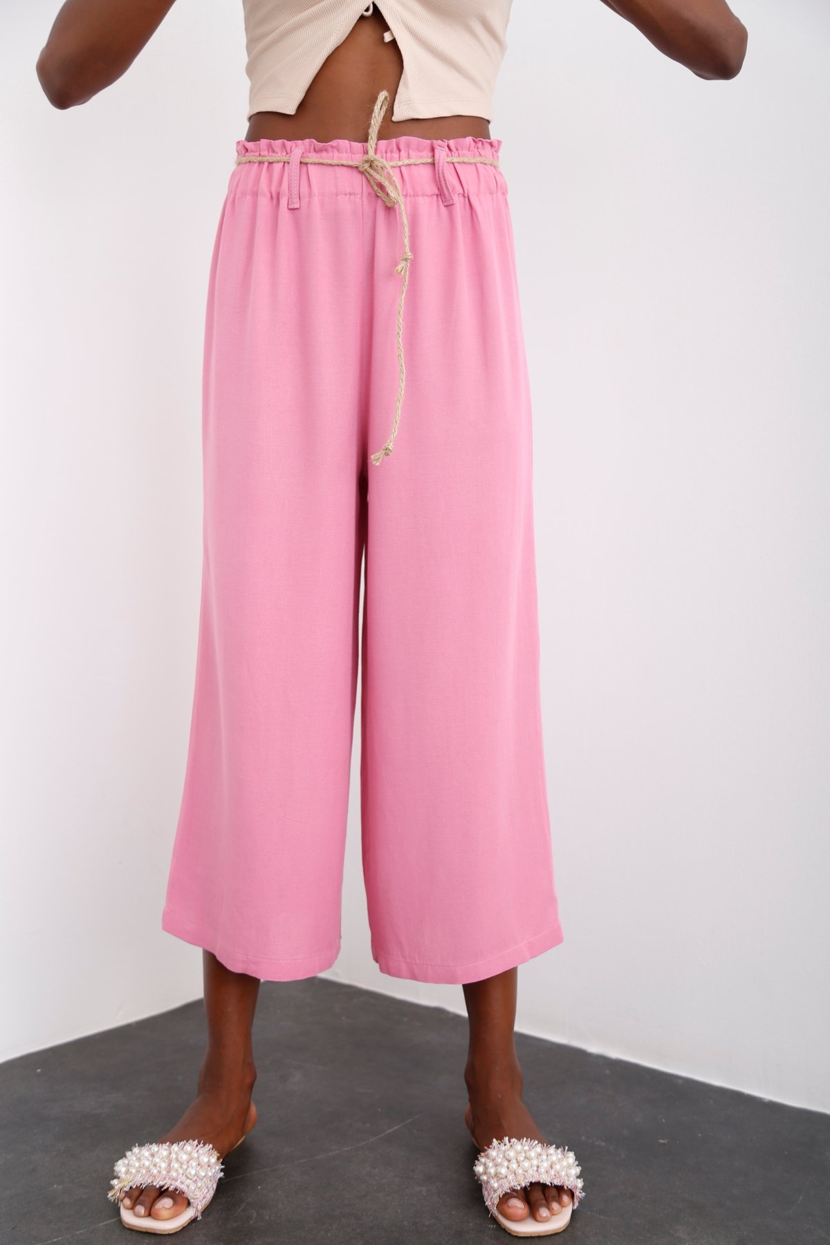 Pembe Geniş Paça Keten Pantolon 50146
