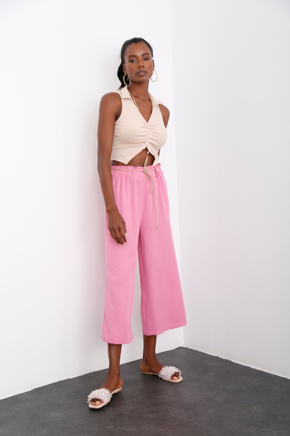 Pembe Geniş Paça Keten Pantolon 50146