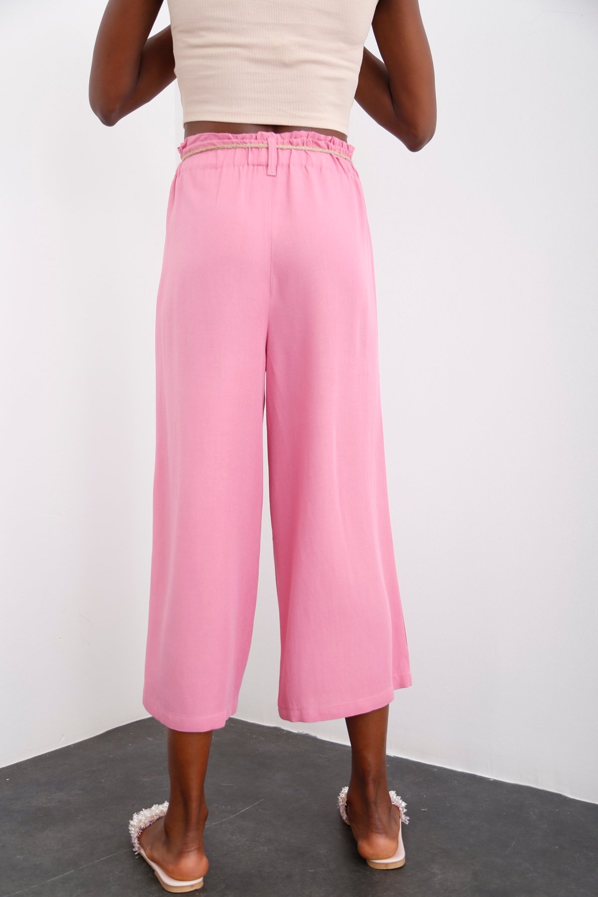 Pembe Geniş Paça Keten Pantolon 50146