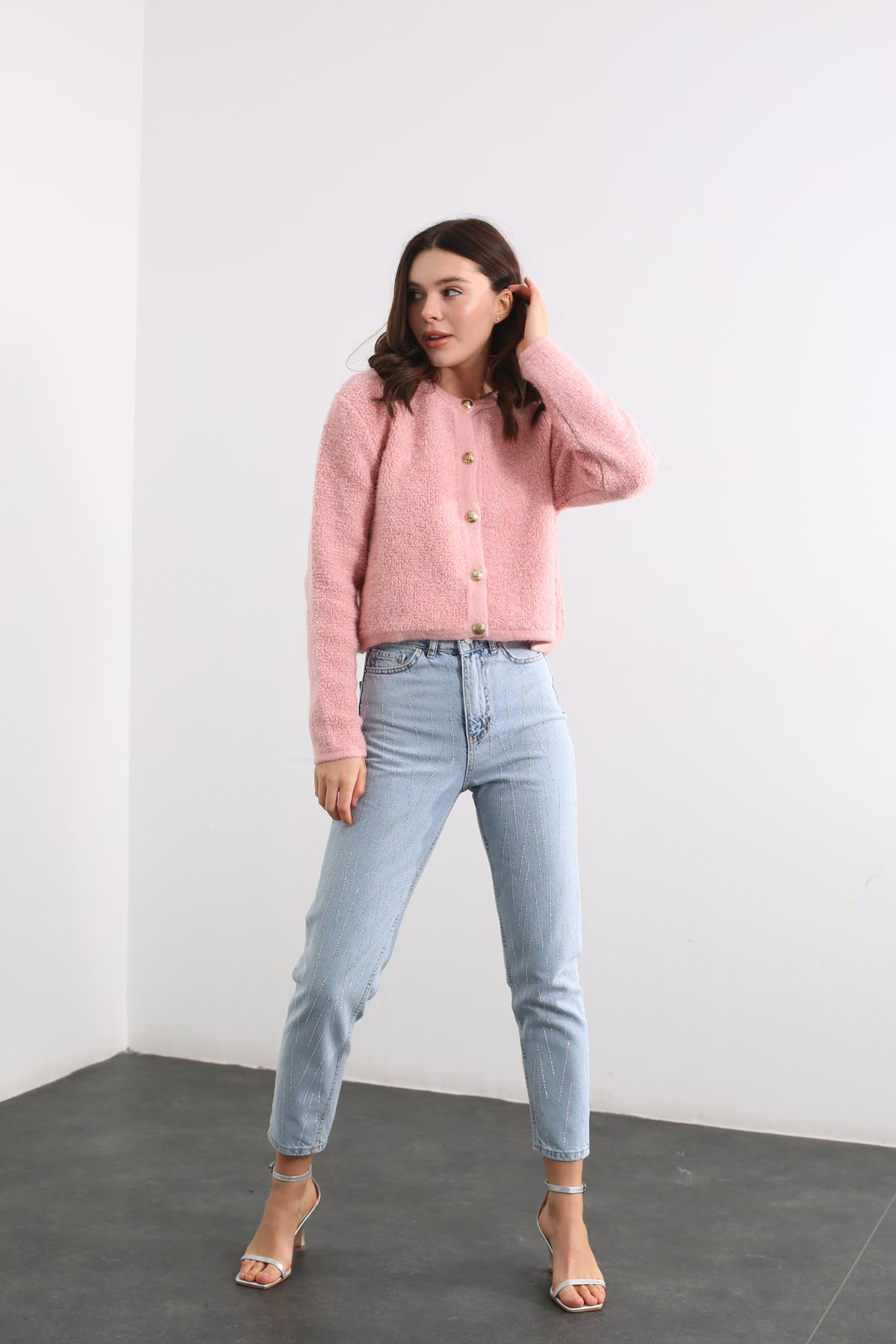Pembe Gold Düğmeli Yumoş Hırka 220144