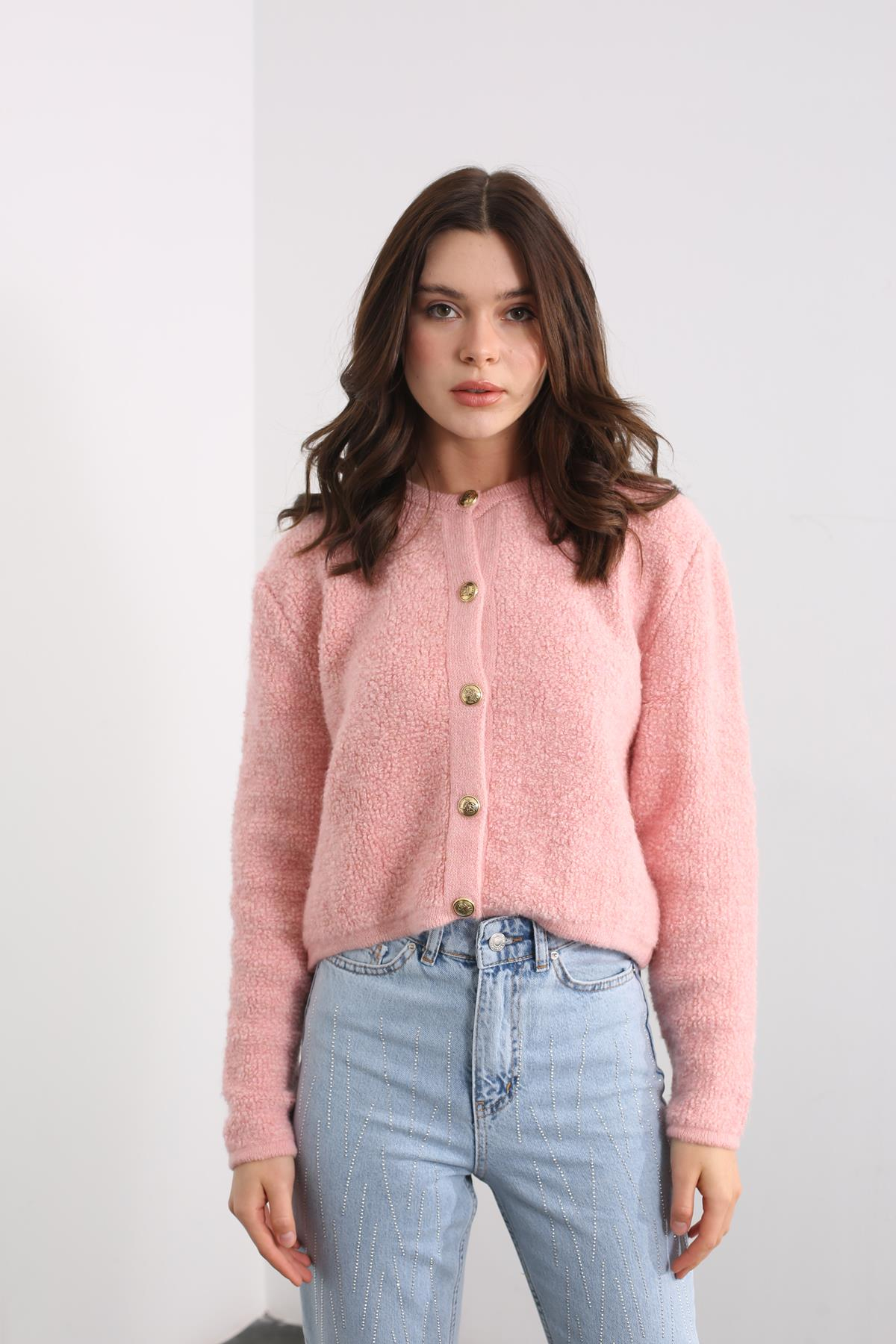 Pembe Gold Düğmeli Yumoş Hırka 220144