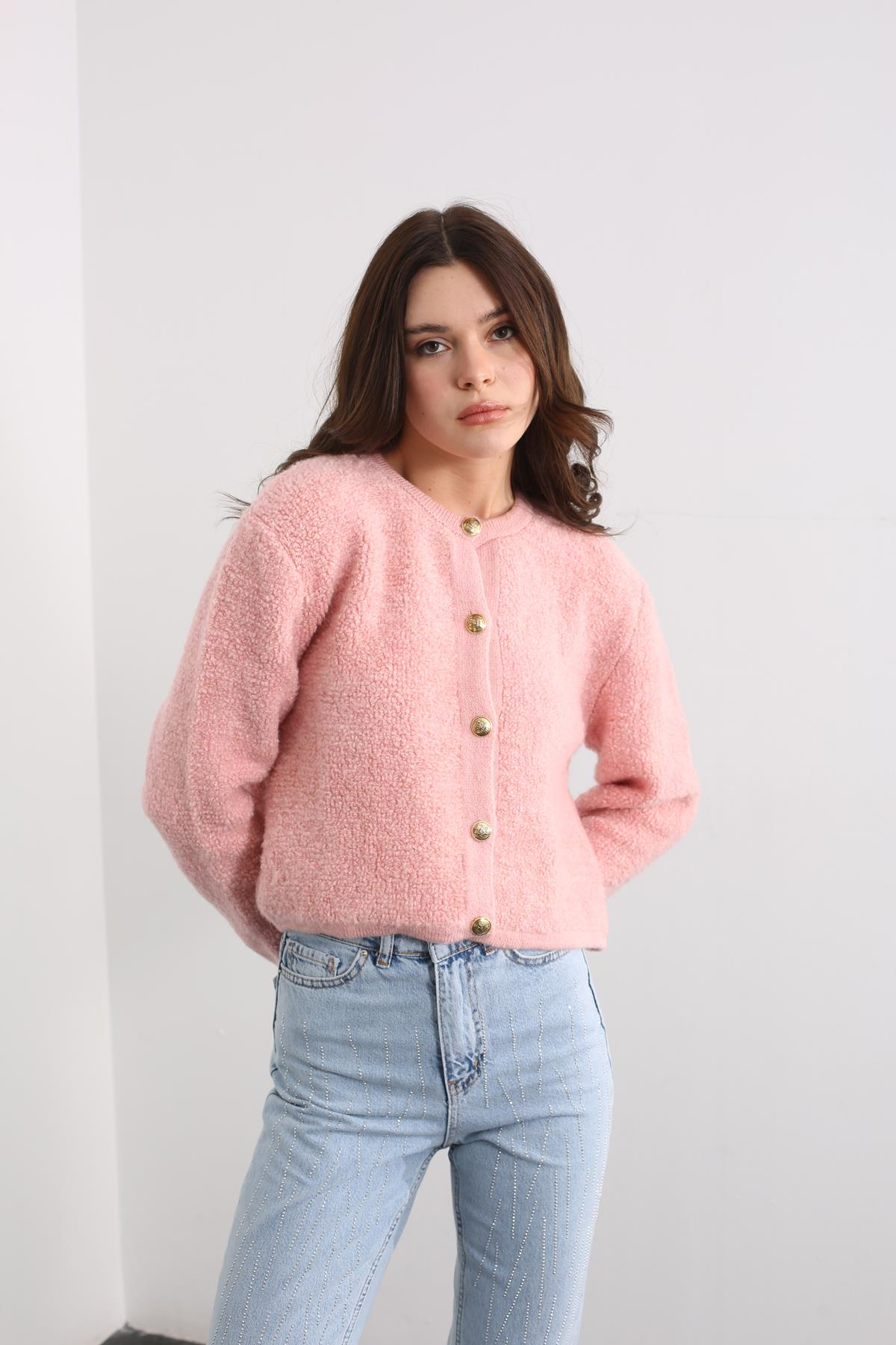 Pembe Gold Düğmeli Yumoş Hırka 220144