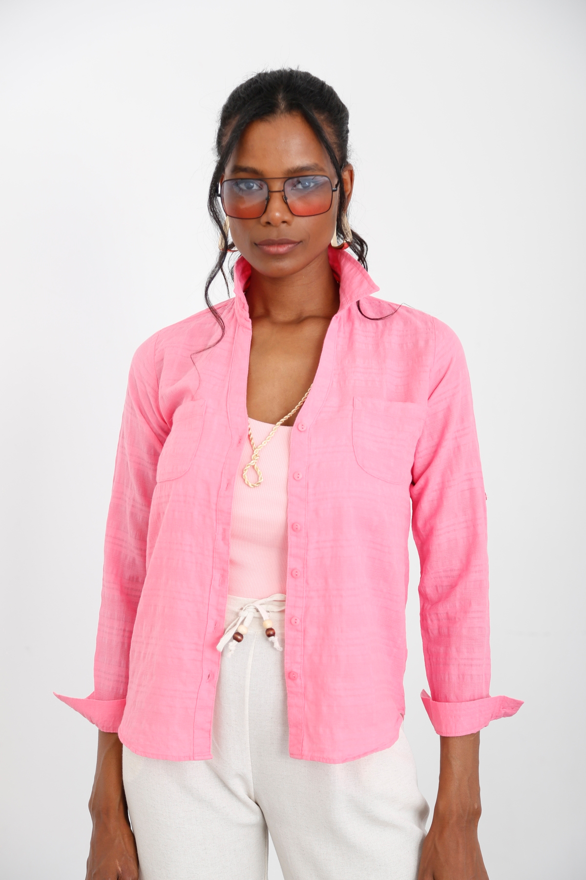 Pembe Kendinden Şeritli Gömlek 2575