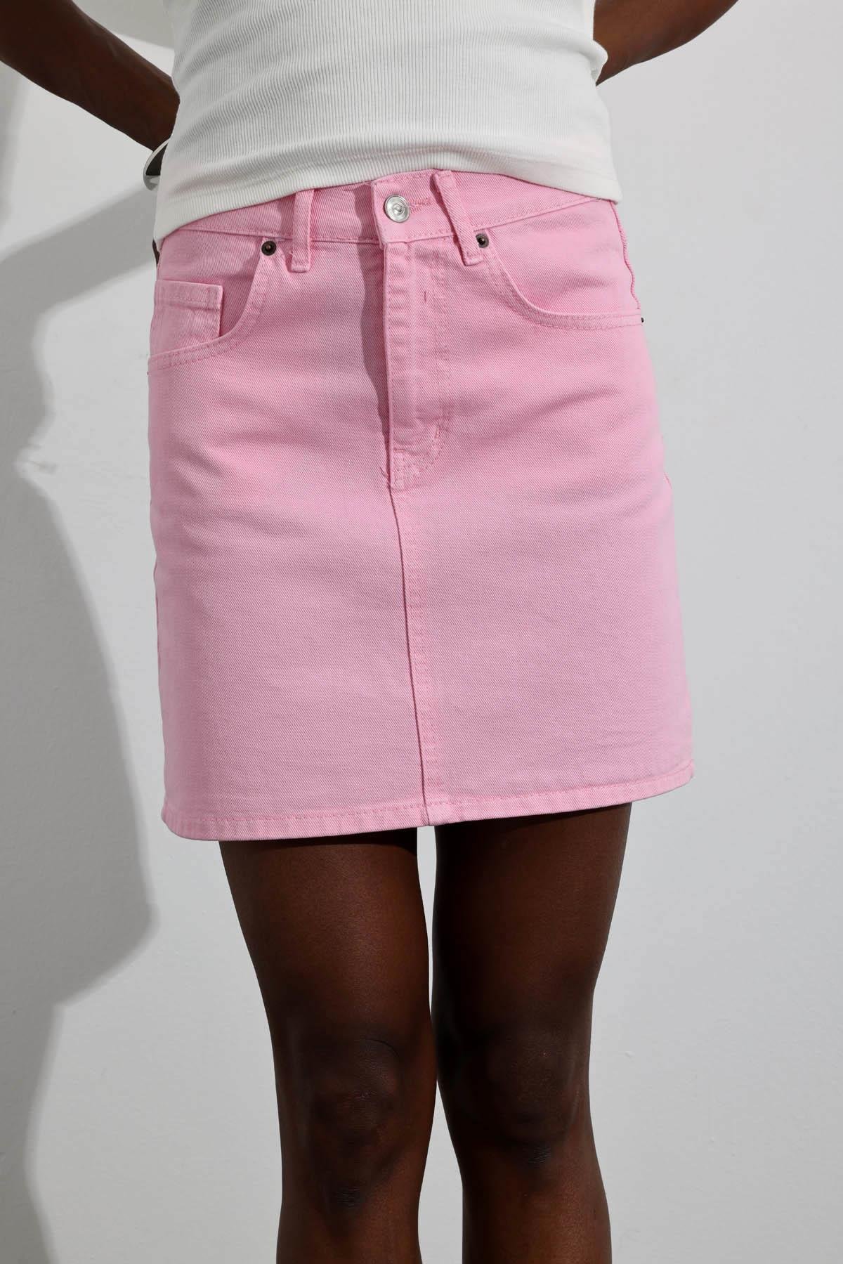 Pembe Mini Denim Etek 