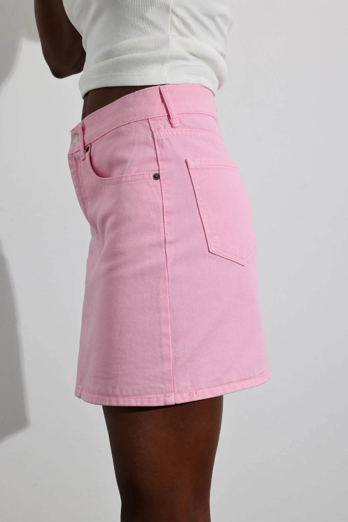 Pembe Mini Denim Etek 