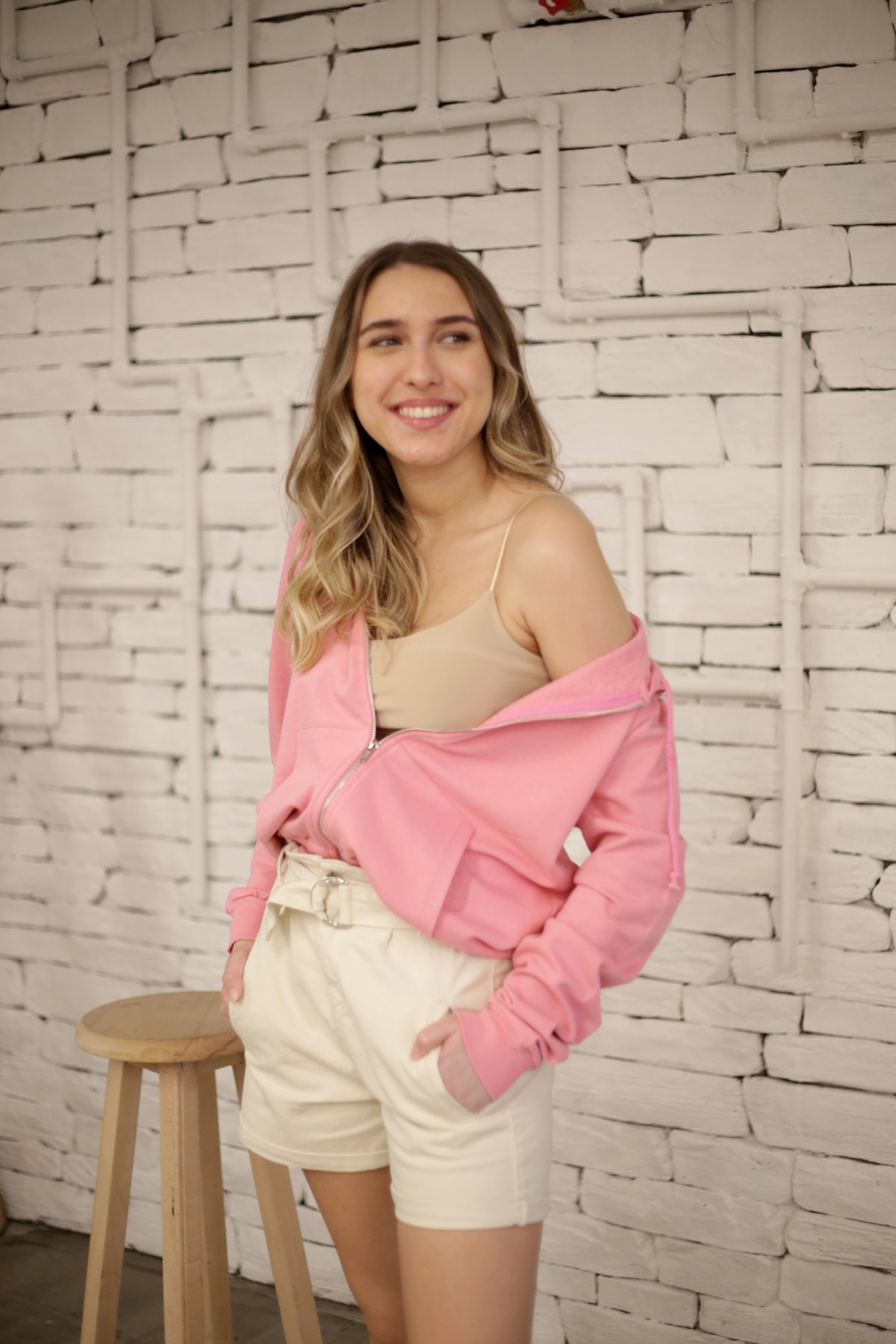 Pembe Önü Fermuarlı Kapşonlu Sweatshirt 2614