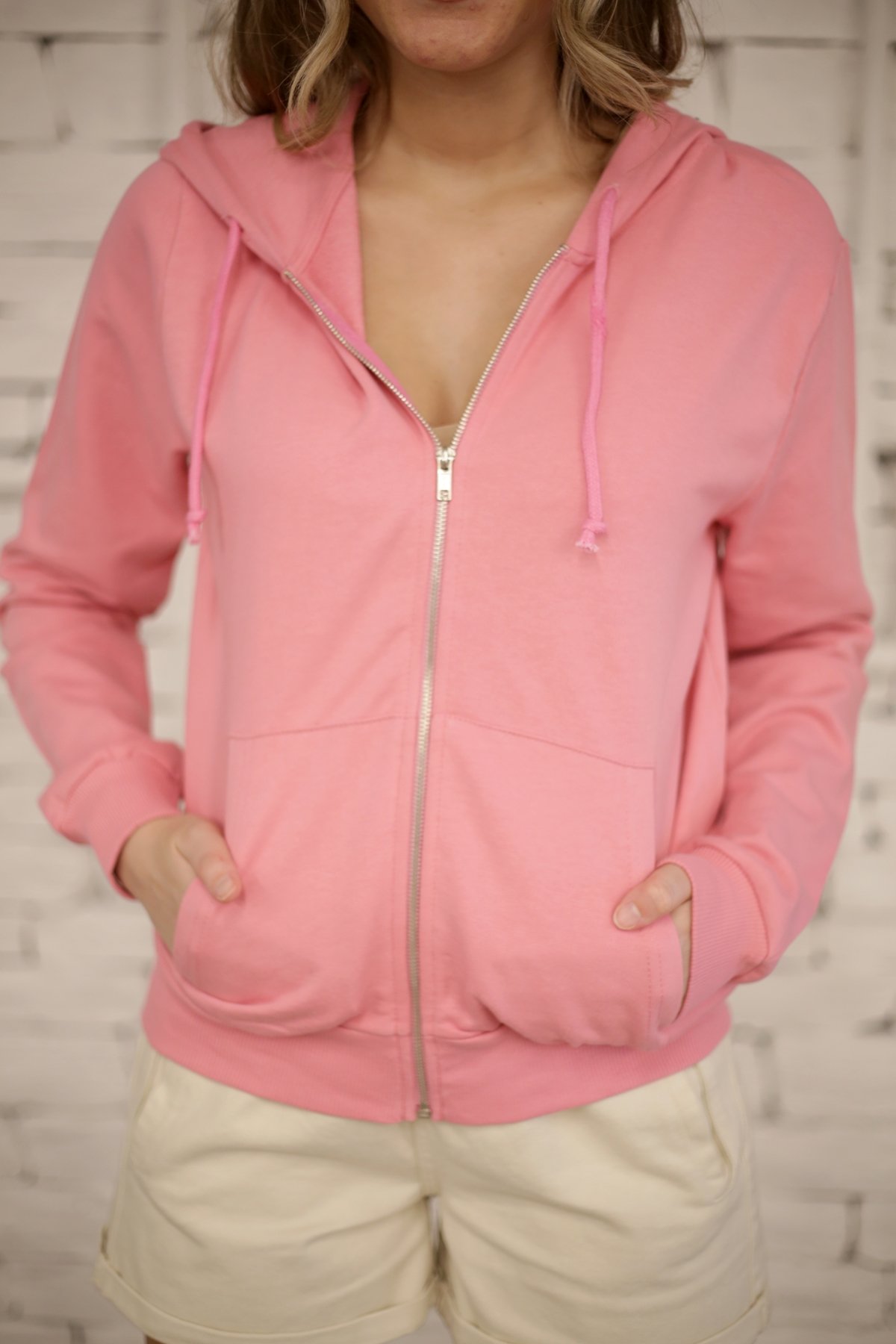 Pembe Önü Fermuarlı Kapşonlu Sweatshirt 2614