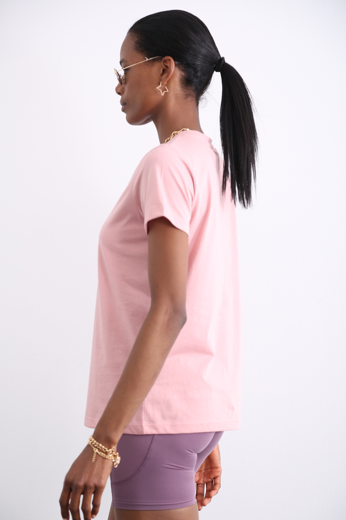 Pembe Organik Bisiklet Yaka Tshirt 
