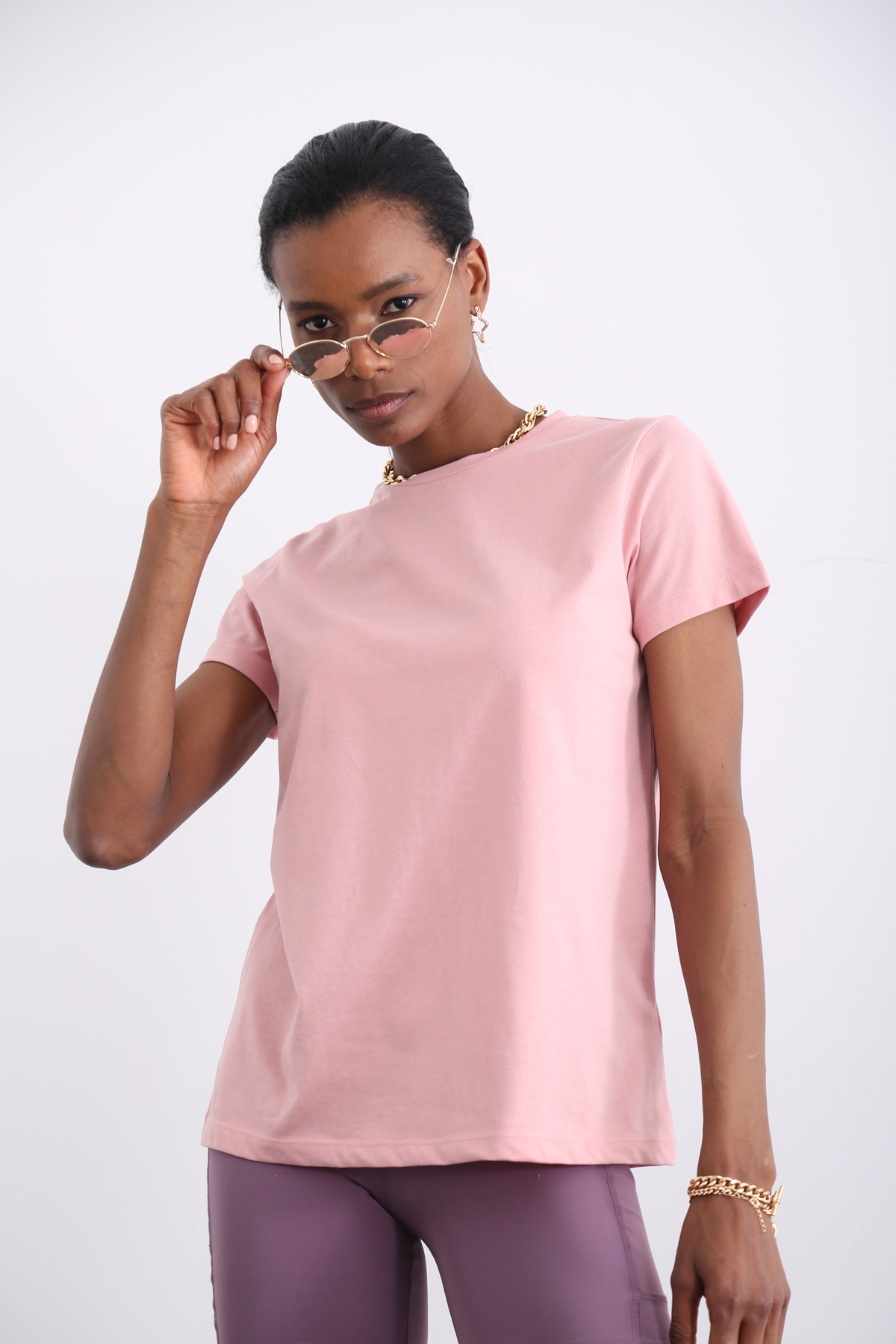 Pembe Organik Bisiklet Yaka Tshirt 