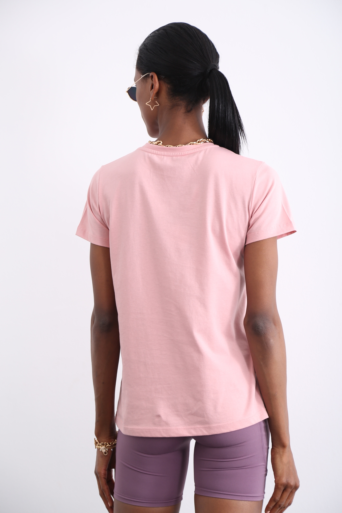 Pembe Organik Bisiklet Yaka Tshirt 