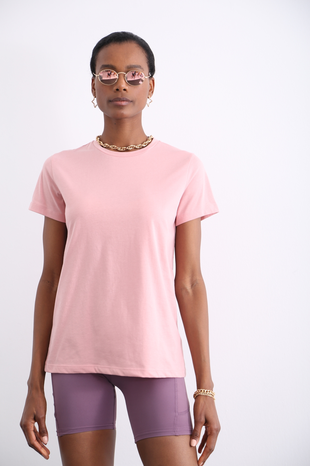 Pembe Organik Bisiklet Yaka Tshirt 