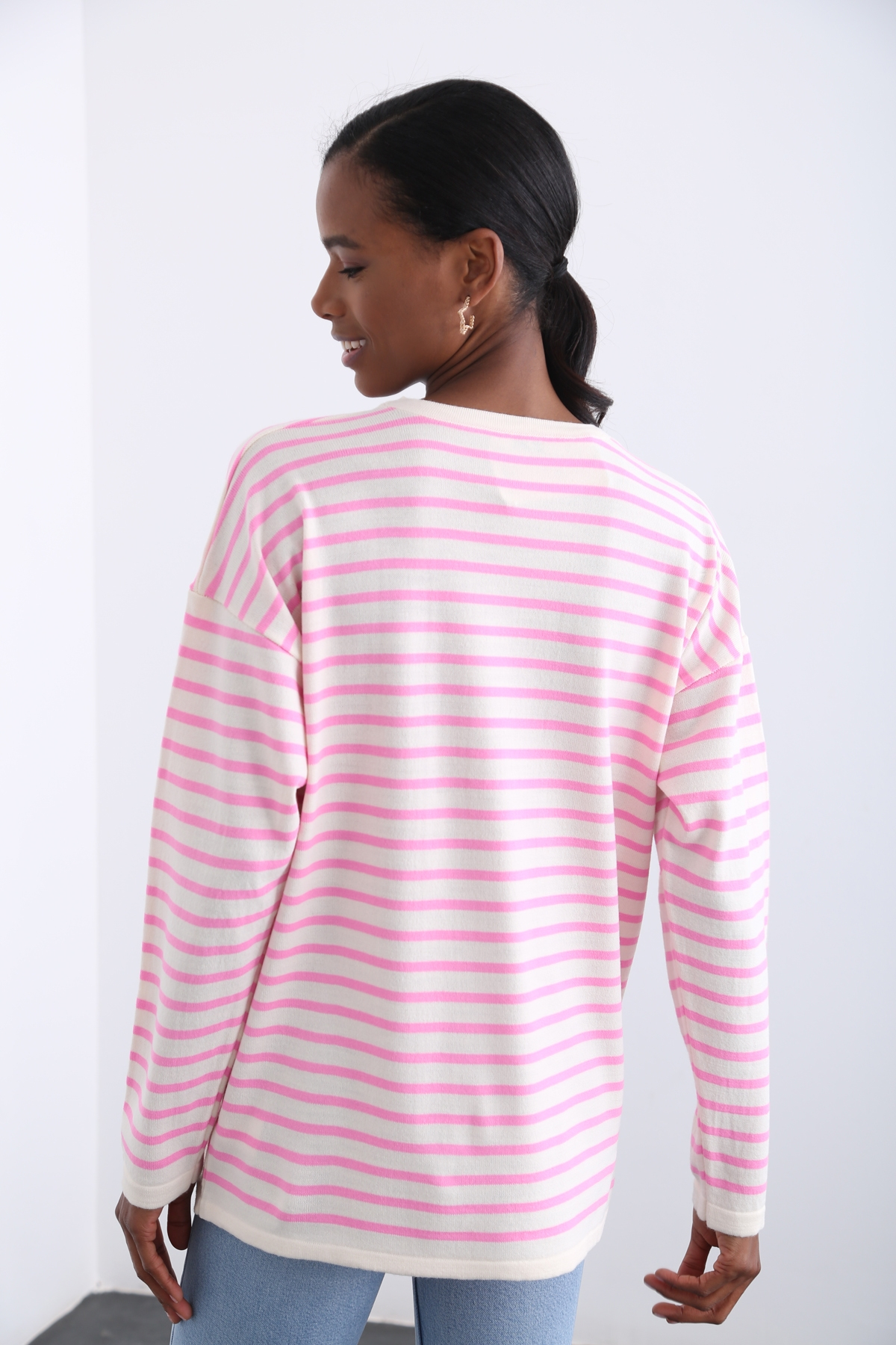 Pembe Oversize Çizgili Triko 13034