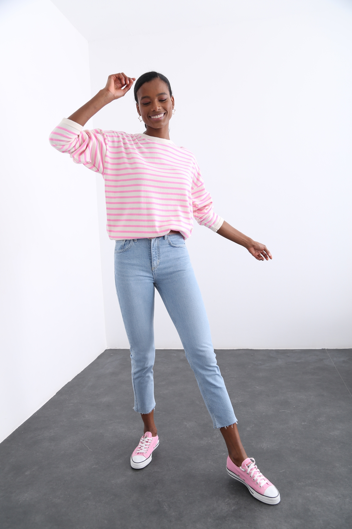 Pembe Oversize Çizgili Triko 13034