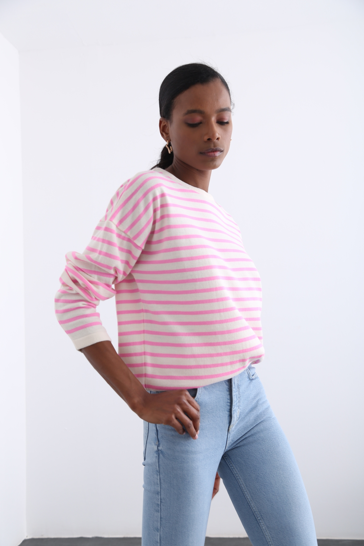 Pembe Oversize Çizgili Triko 13034
