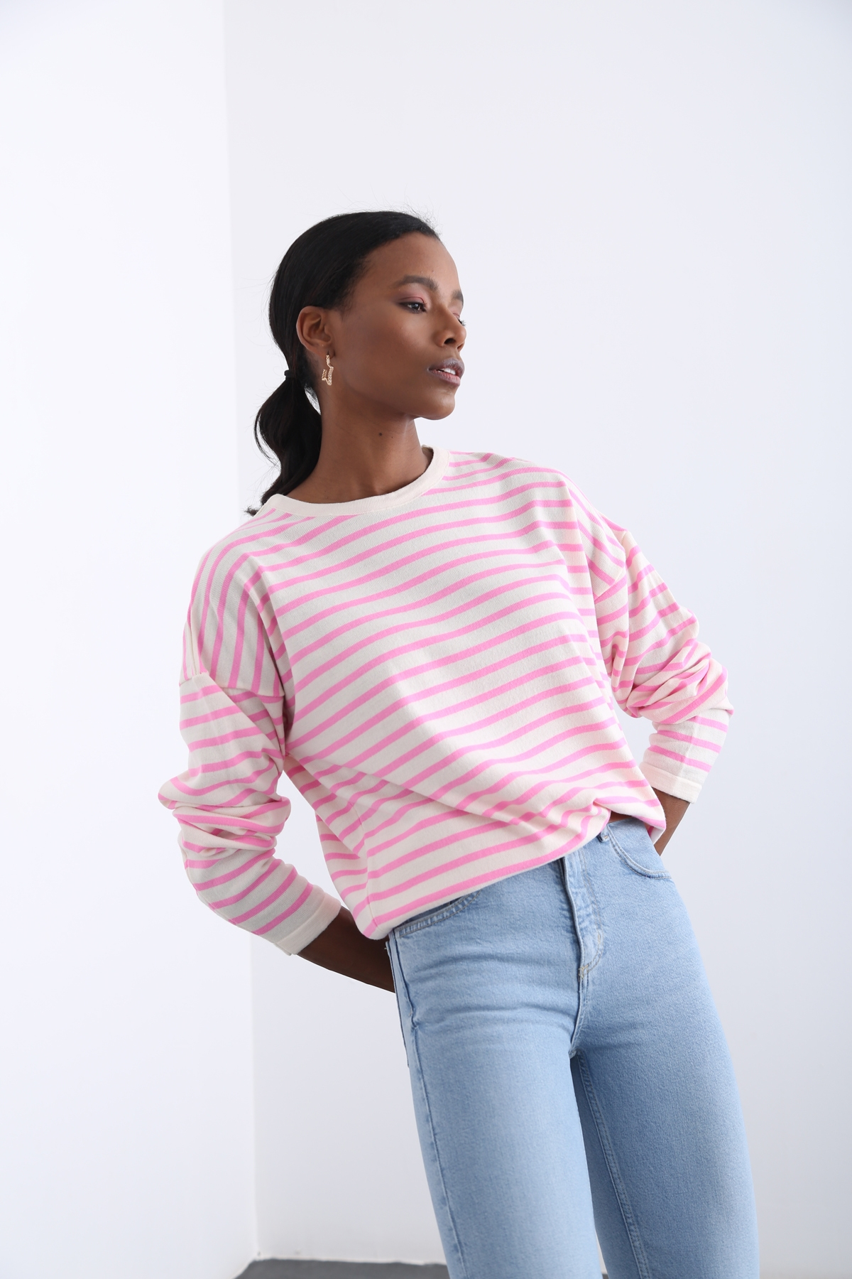 Pembe Oversize Çizgili Triko 13034