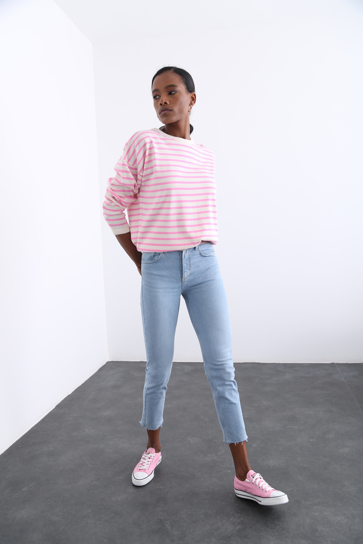 Pembe Oversize Çizgili Triko 13034