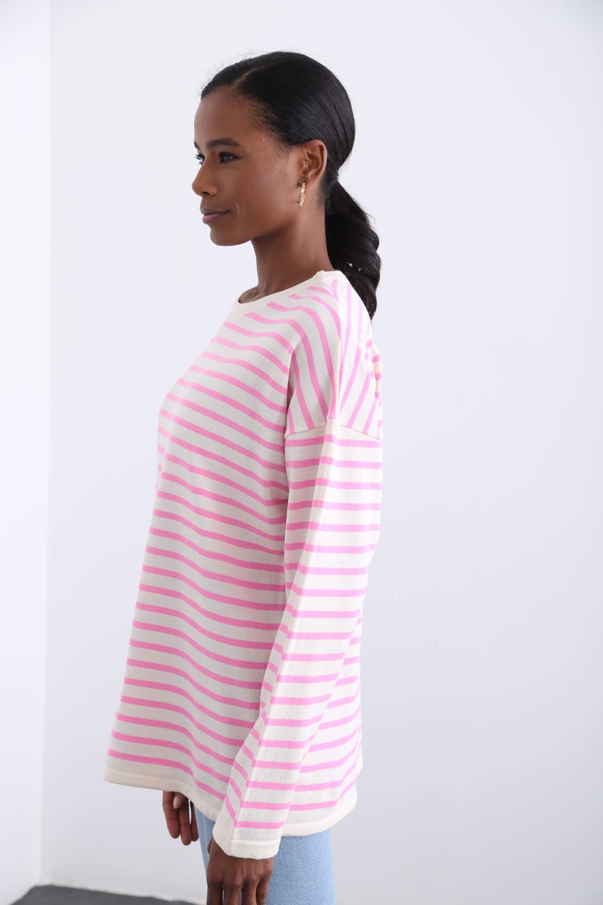Pembe Oversize Çizgili Triko 13034
