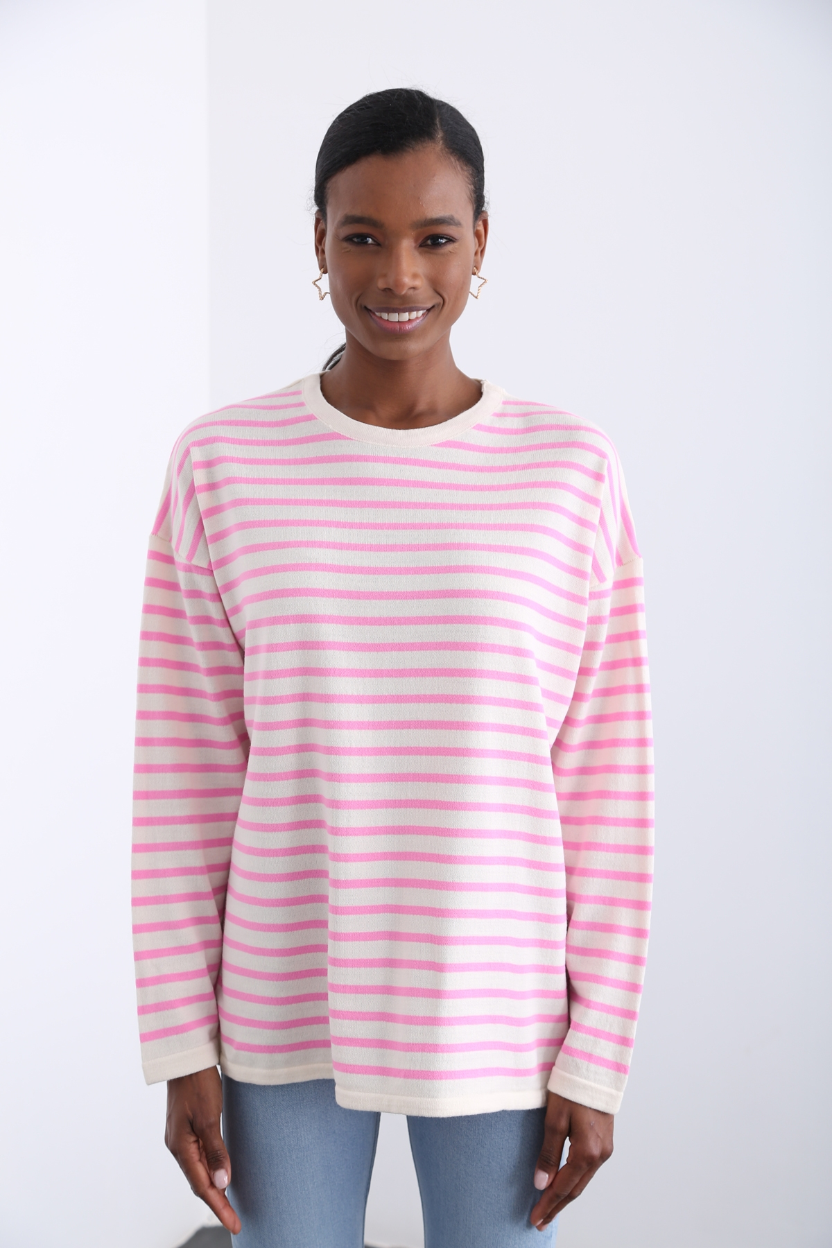 Pembe Oversize Çizgili Triko 13034