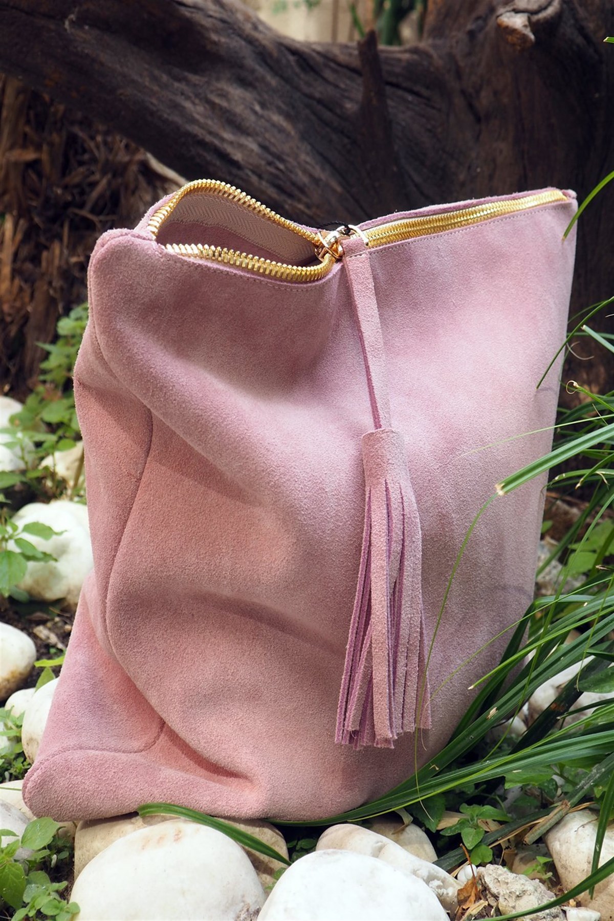 Pembe Pembe Süet Deri Clutch
