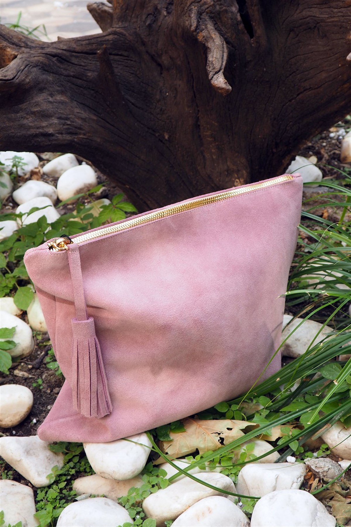 Pembe Pembe Süet Deri Clutch