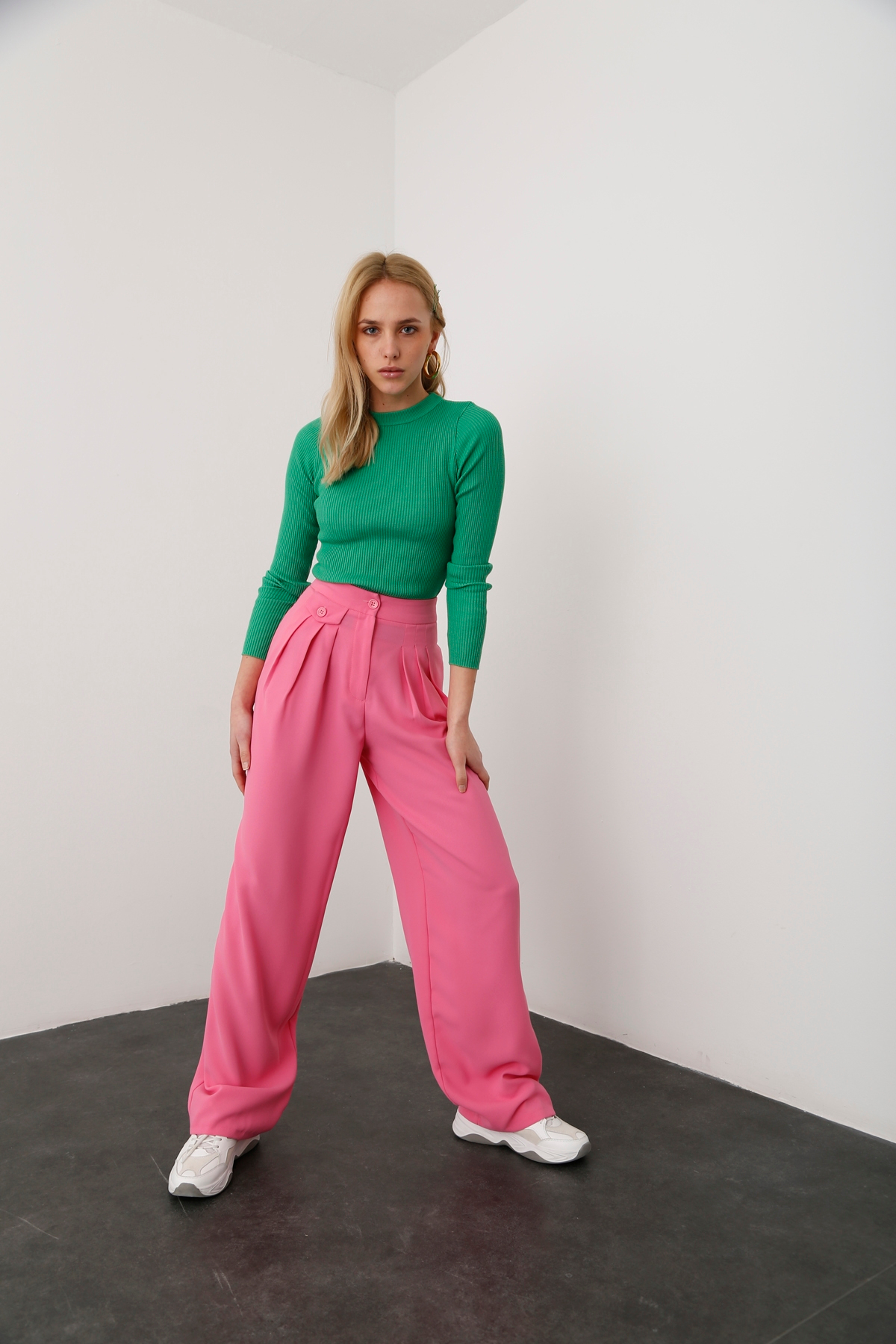 Pembe Pile Detaylı Krep Pantolon 1463