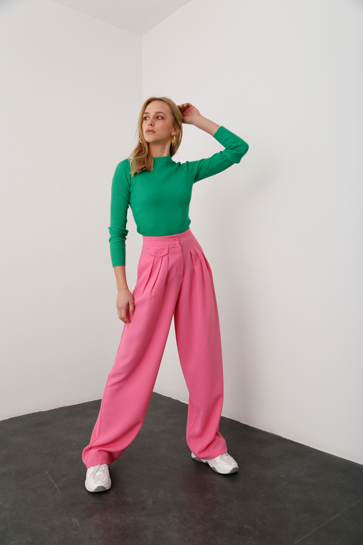 Pembe Pile Detaylı Krep Pantolon 1463