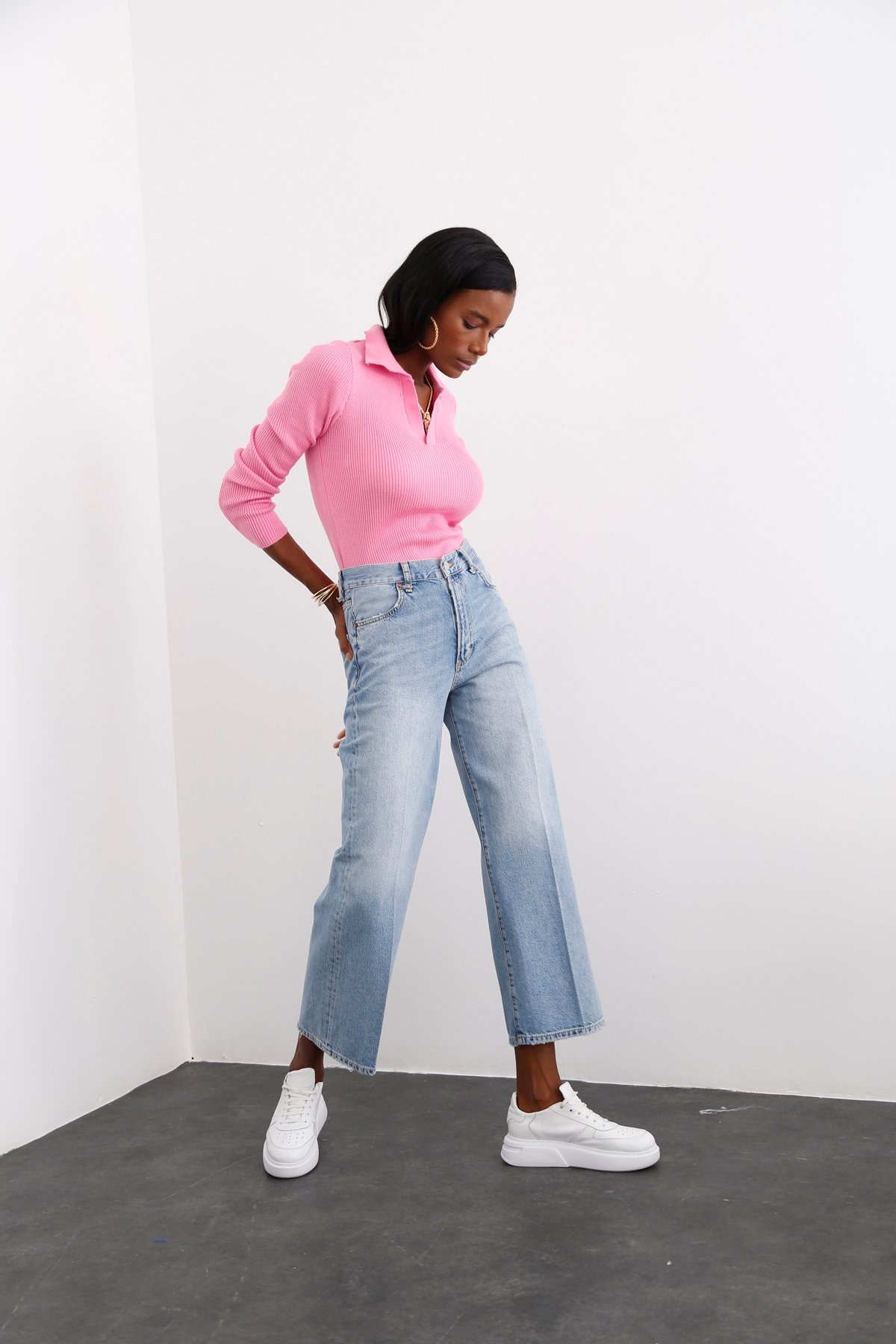 Pembe Polo Yaka Fitilli Triko 7005