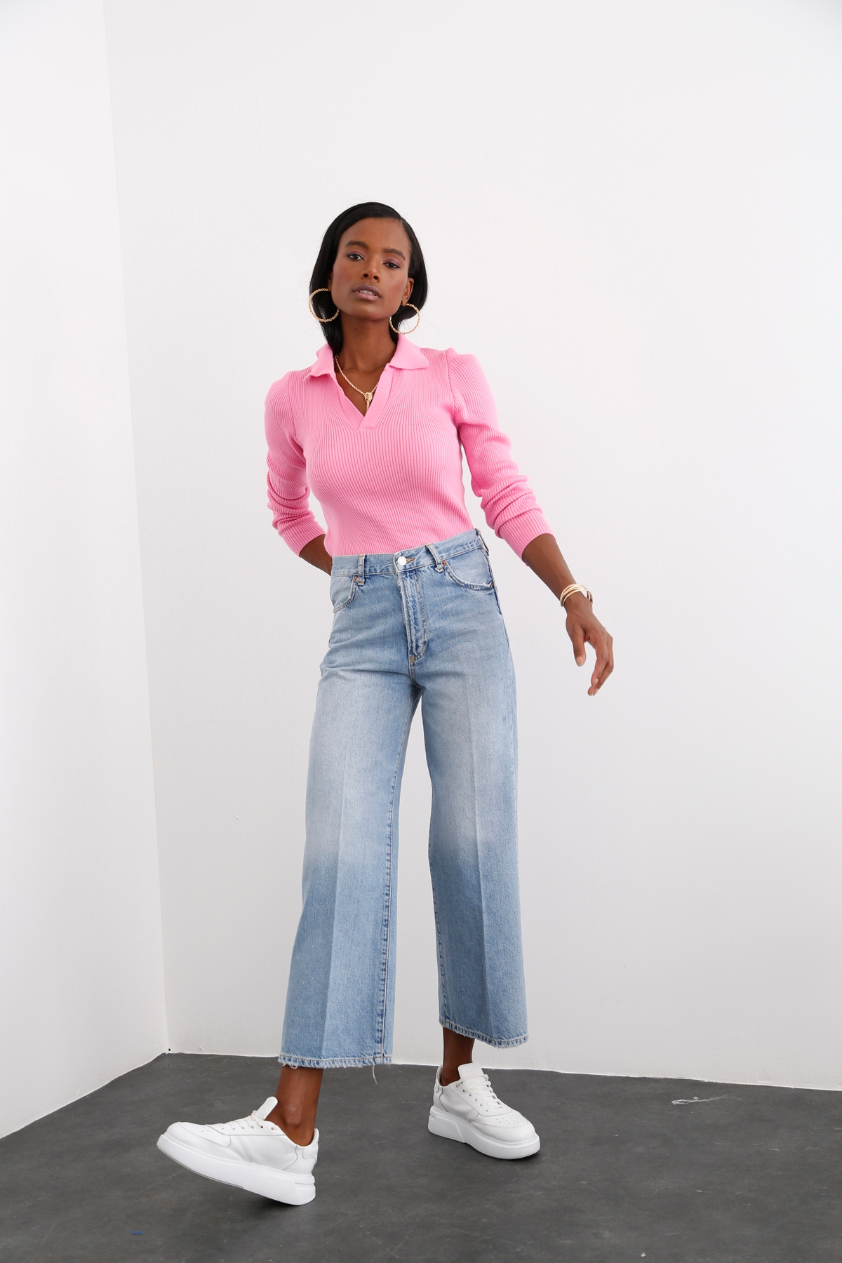 Pembe Polo Yaka Fitilli Triko 7005