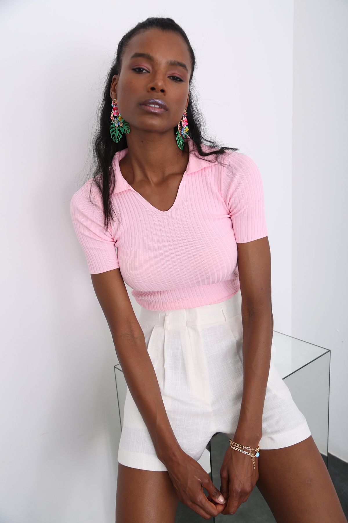 Pembe Polo Yaka Fitilli Tshirt 2103