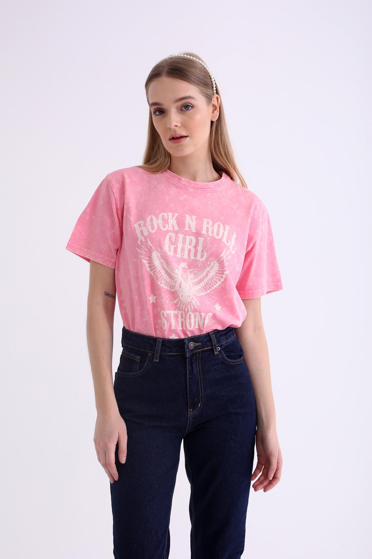 Pembe Rock Baskılı Tshirt 14155