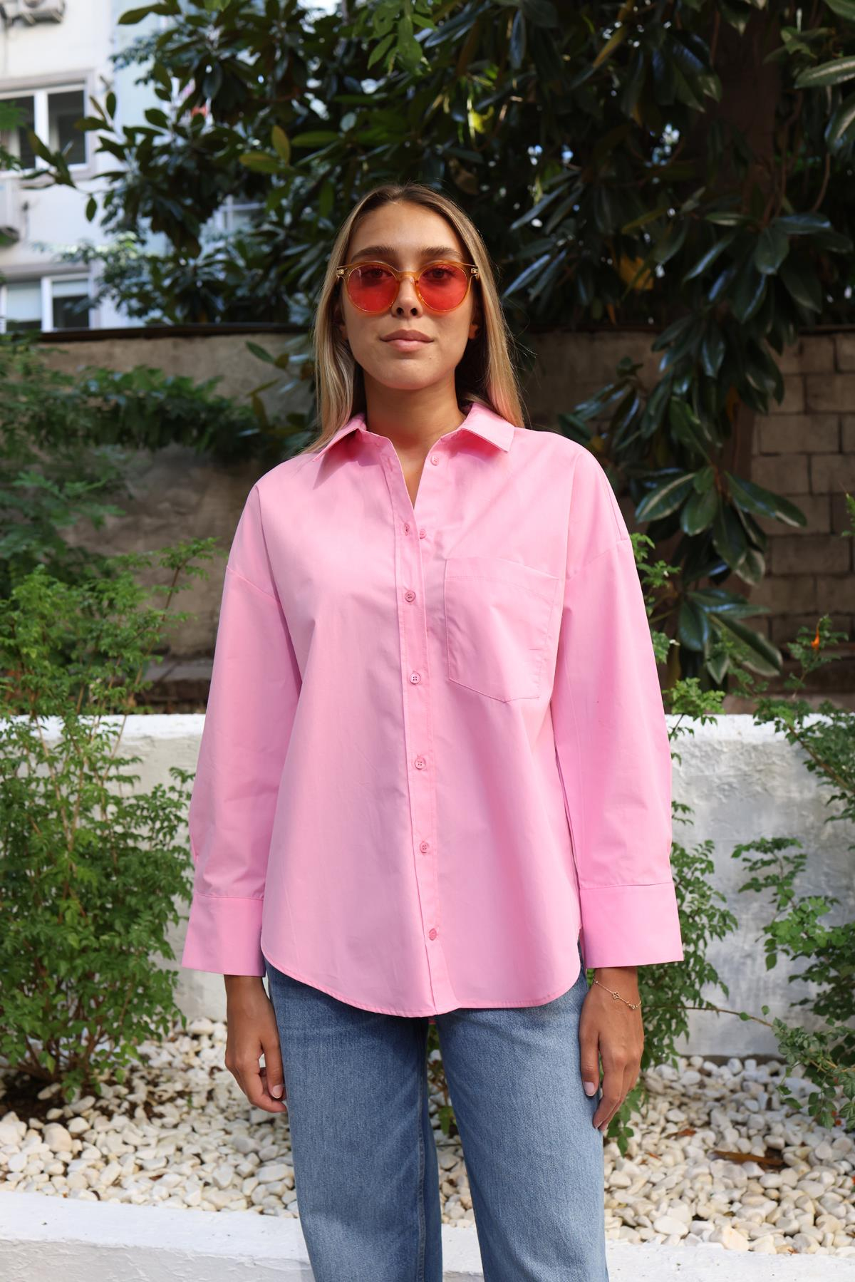 Pembe Tek Cepli Poplin Gömlek 100001