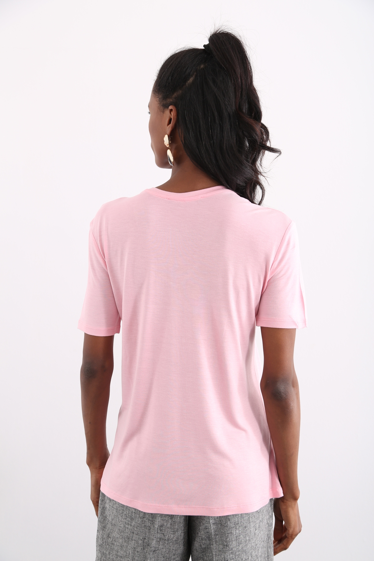 Pembe V Yaka Basic Tshirt 3635
