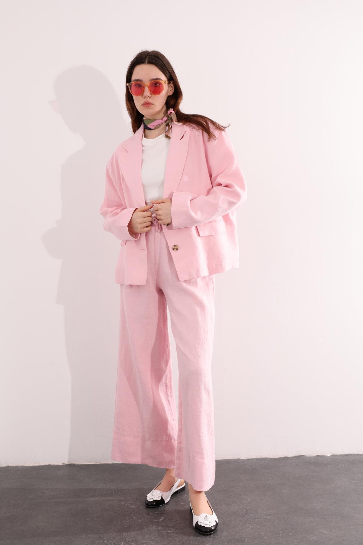 Pembe Vatkalı Keten Ceket 7046