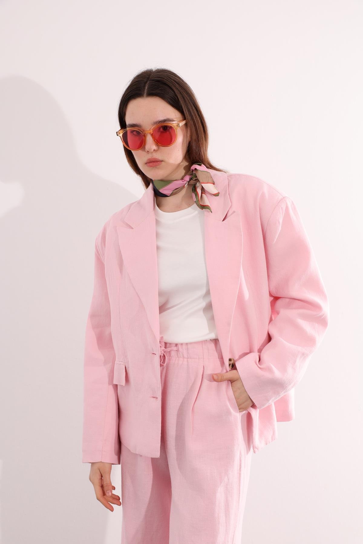 Pembe Vatkalı Keten Ceket 7046