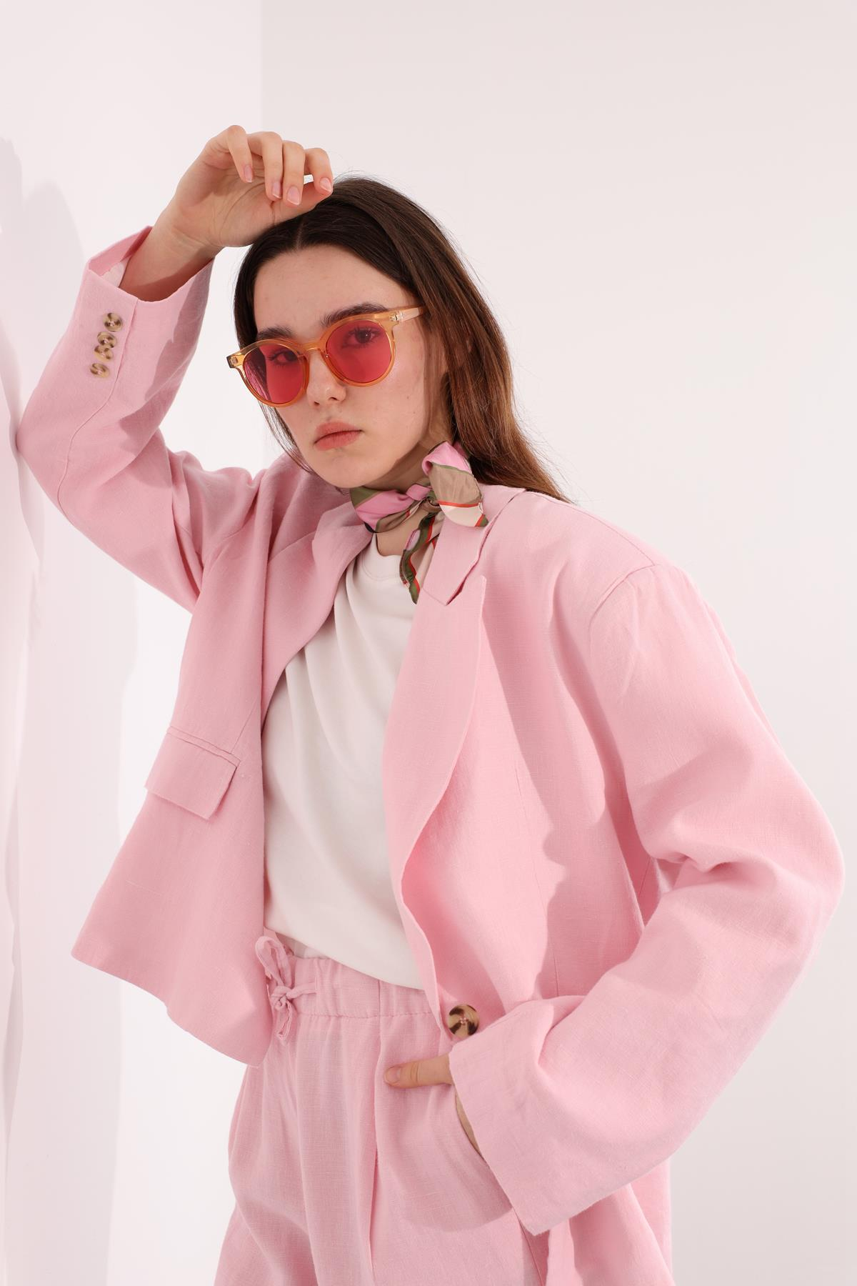 Pembe Vatkalı Keten Ceket 7046