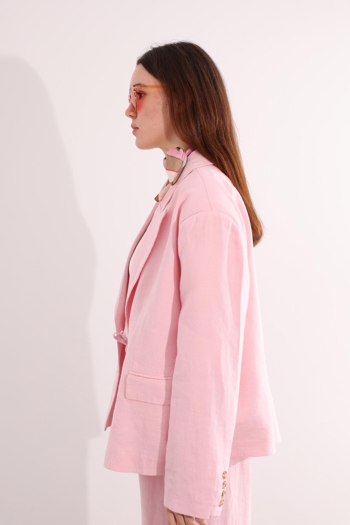 Pembe Vatkalı Keten Ceket 7046