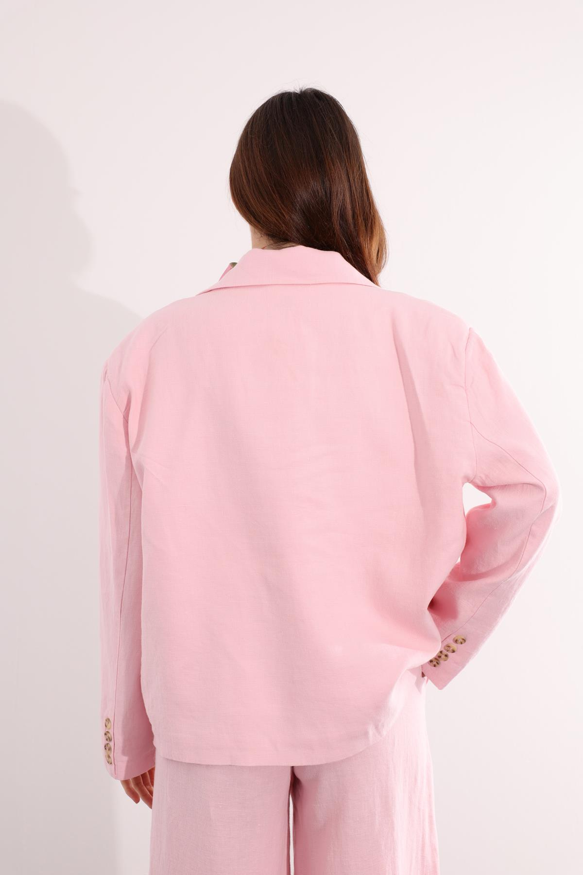 Pembe Vatkalı Keten Ceket 7046