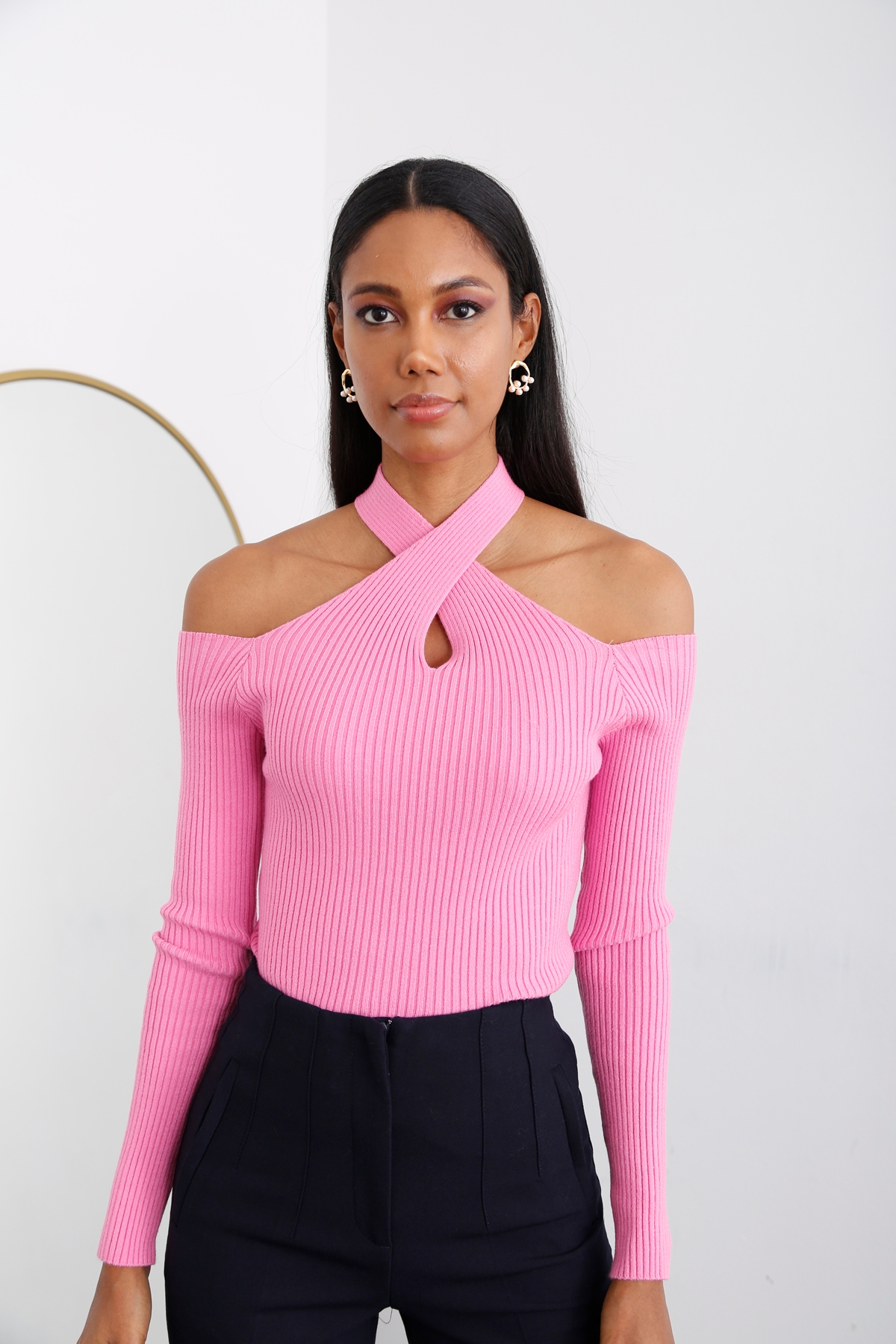 Pembe Yakası Çapraz Fitilli Triko 5768