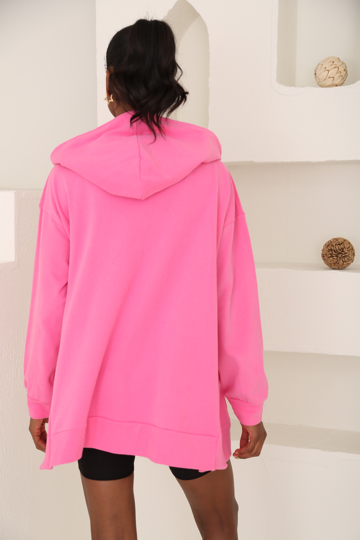 Pembe Yanları Yırtmaçlı Fermuarlı Hırka 