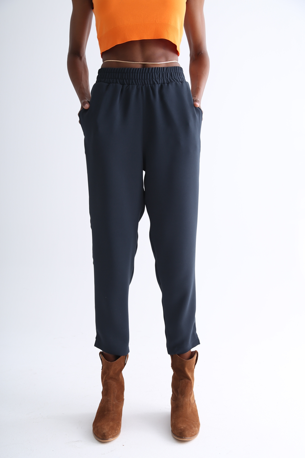 Petrol Mavisi Beli Lastikli Krep Havuç Pantolon 