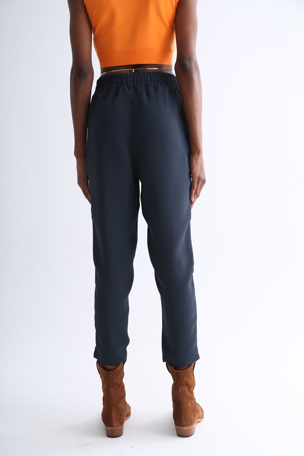 Petrol Mavisi Beli Lastikli Krep Havuç Pantolon 