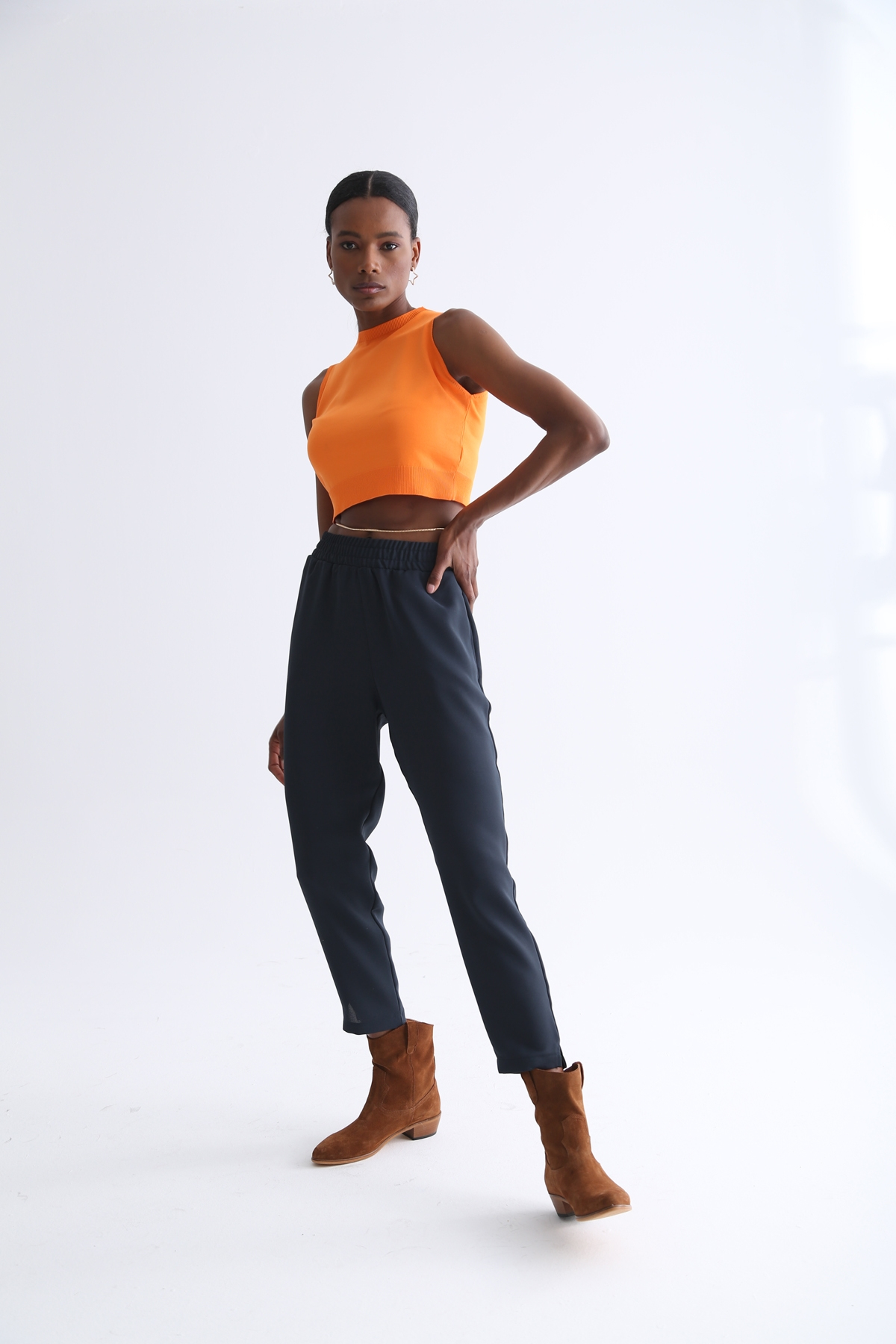 Petrol Mavisi Beli Lastikli Krep Havuç Pantolon 