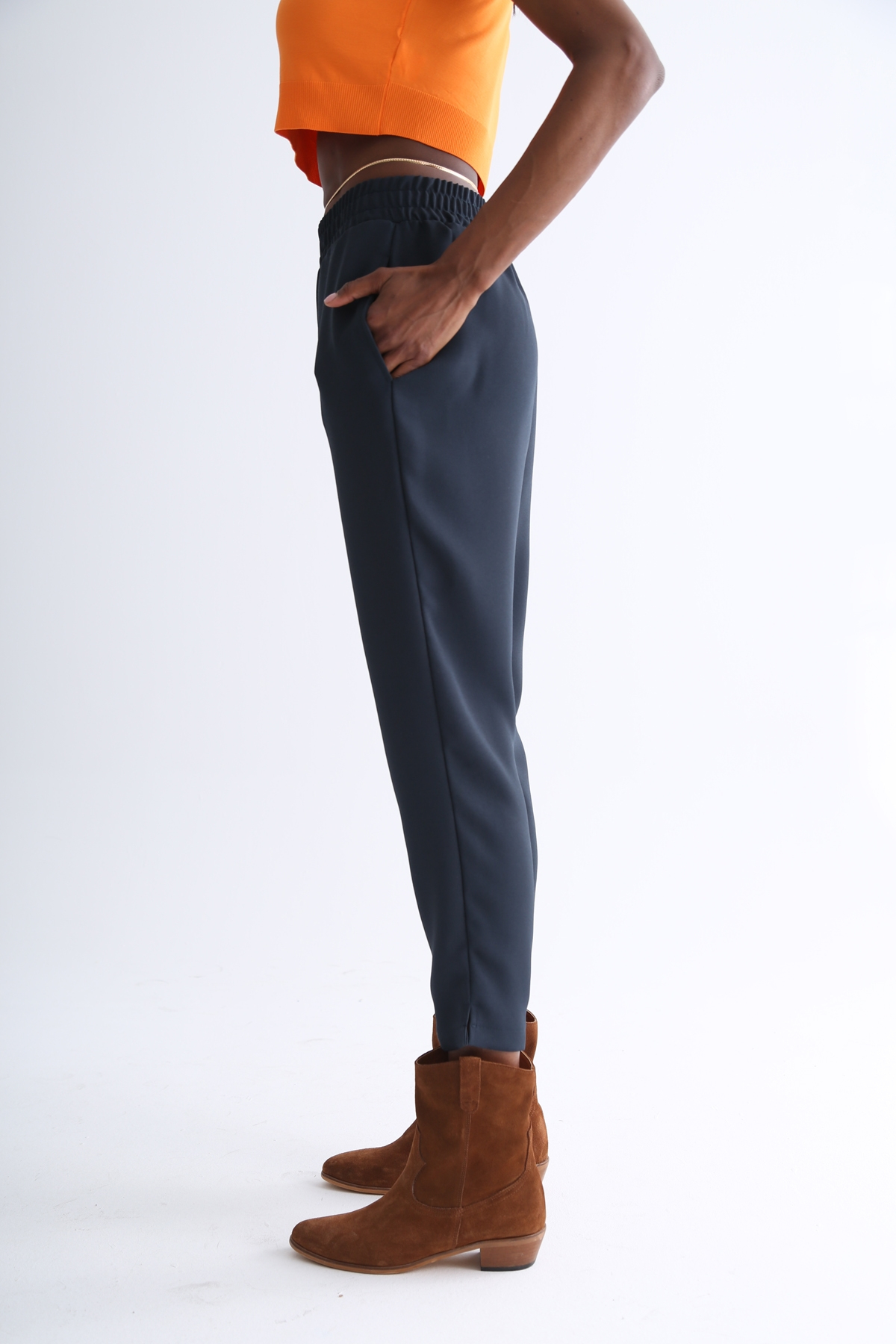 Petrol Mavisi Beli Lastikli Krep Havuç Pantolon 