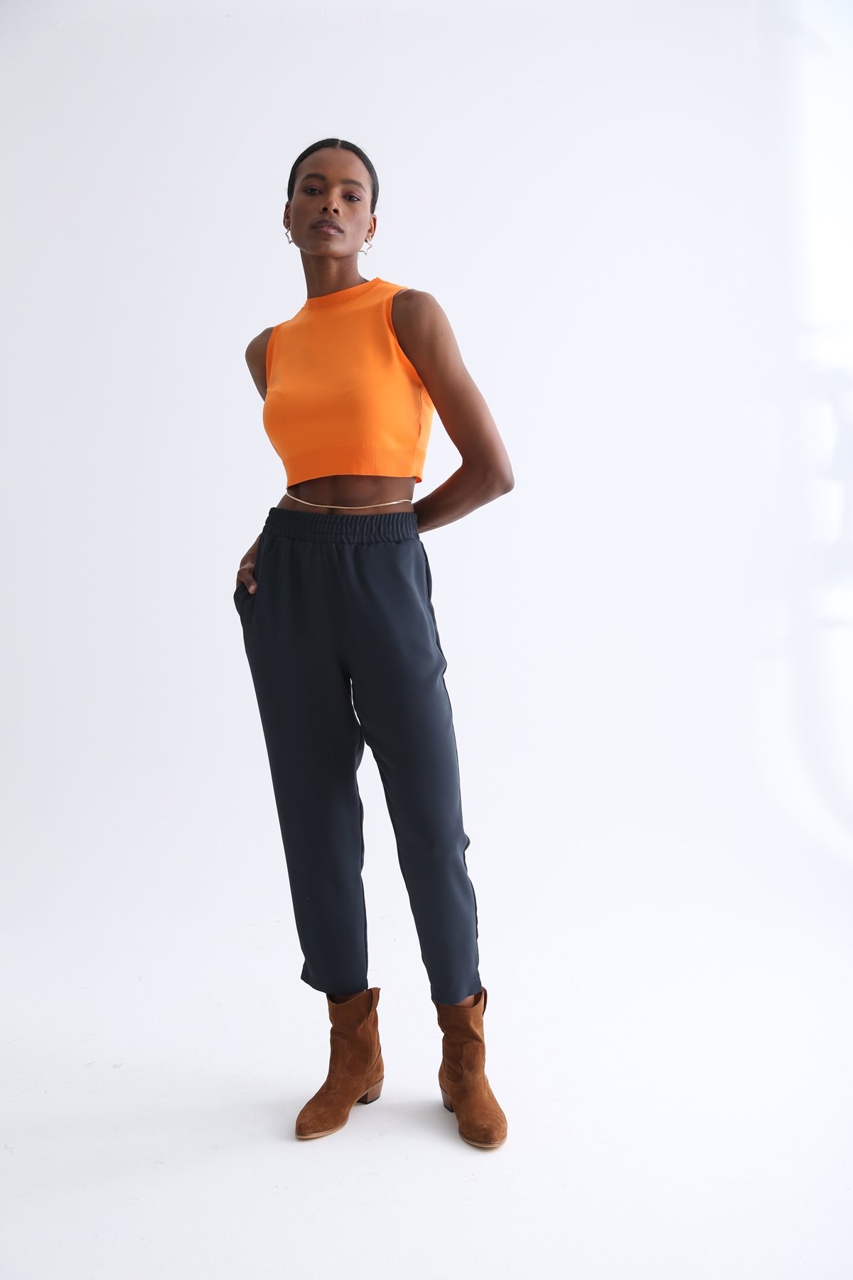 Petrol Mavisi Beli Lastikli Krep Havuç Pantolon 