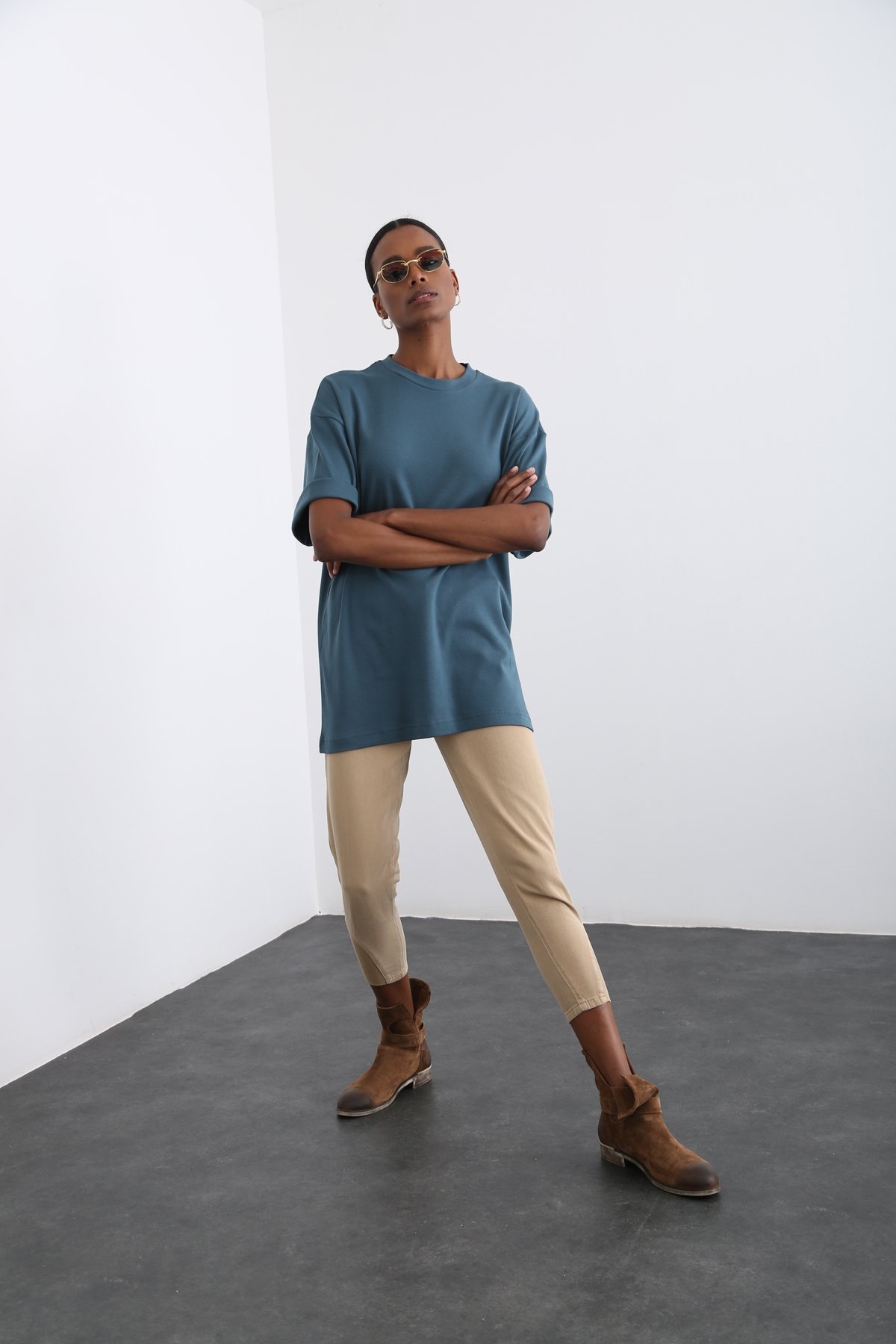 Petrol Mavisi Bisiklet Yaka Basic Tshirt 