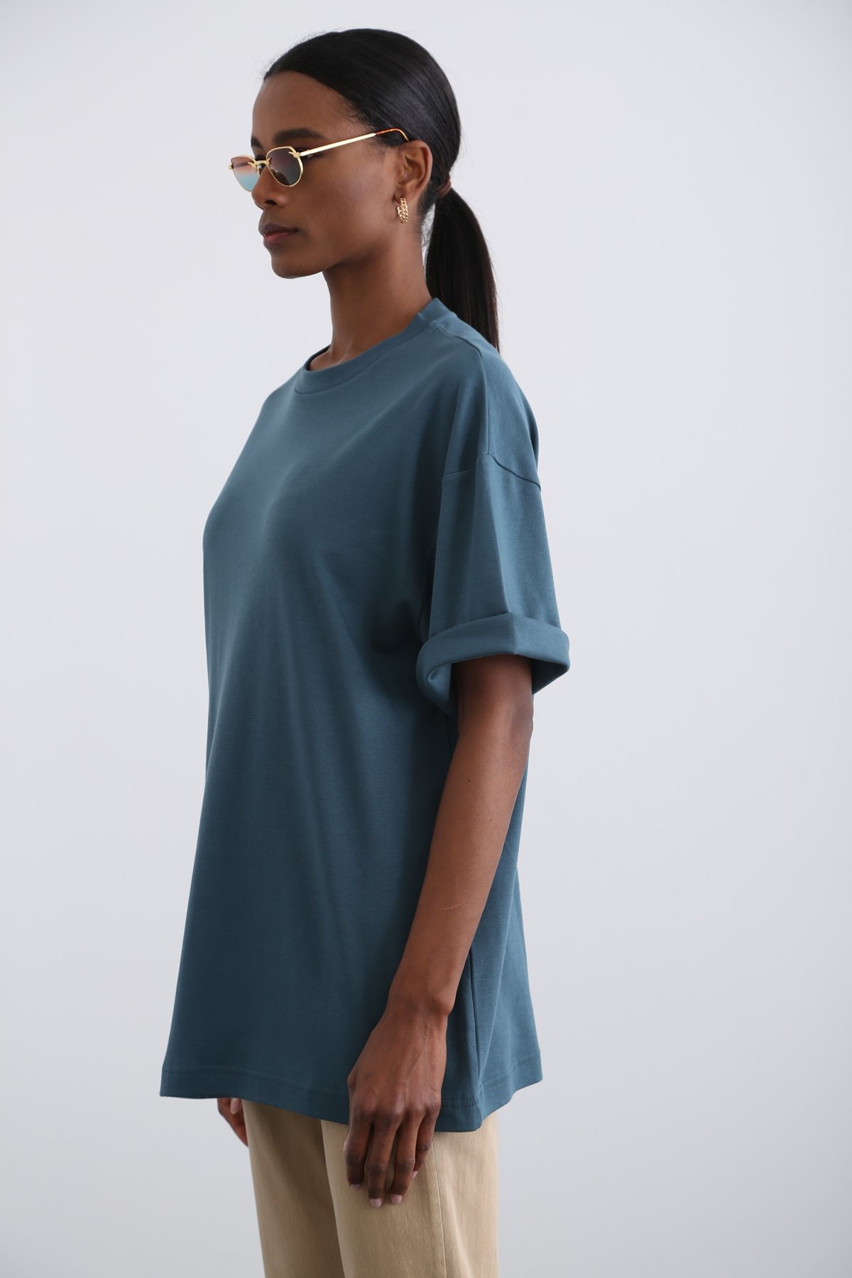 Petrol Mavisi Bisiklet Yaka Basic Tshirt 