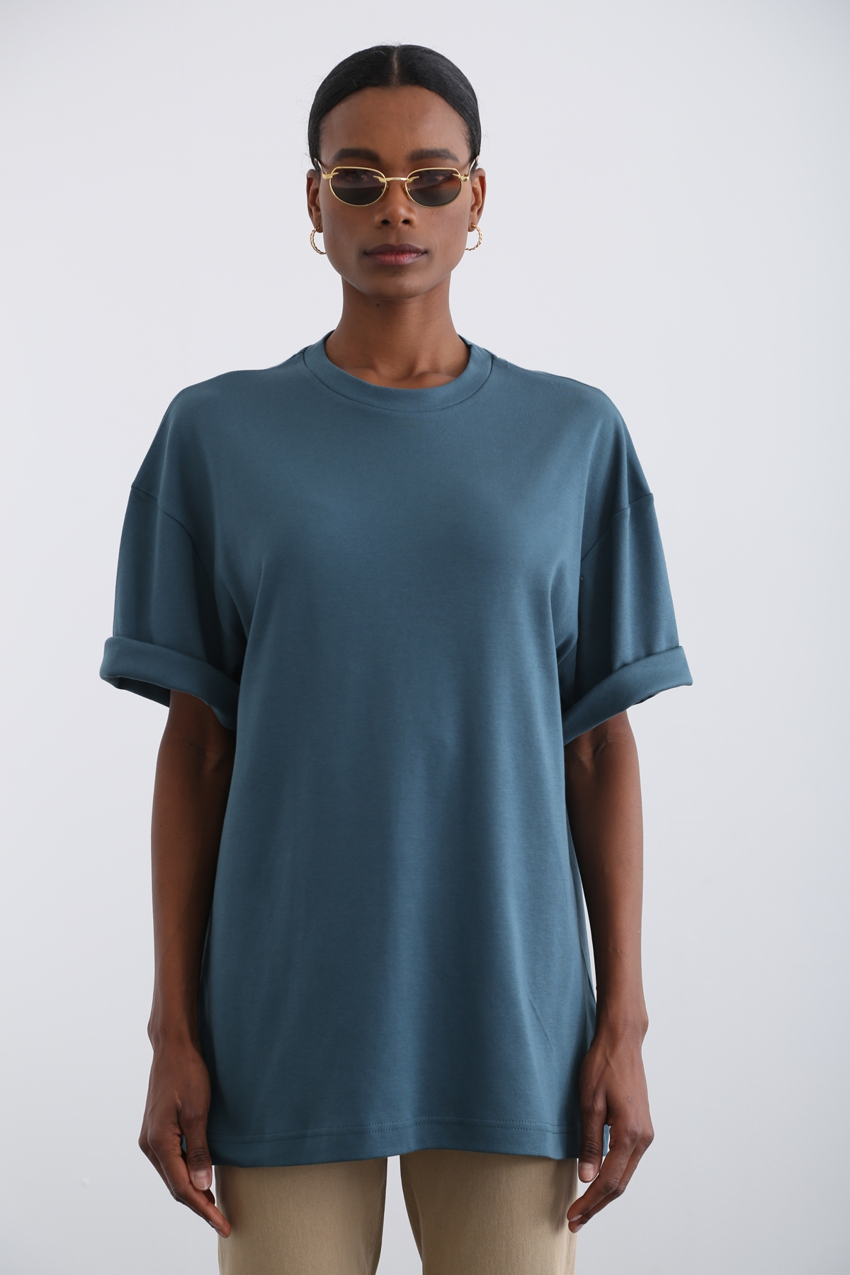 Petrol Mavisi Bisiklet Yaka Basic Tshirt 