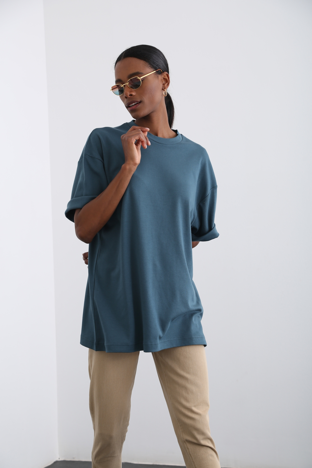 Petrol Mavisi Bisiklet Yaka Basic Tshirt 