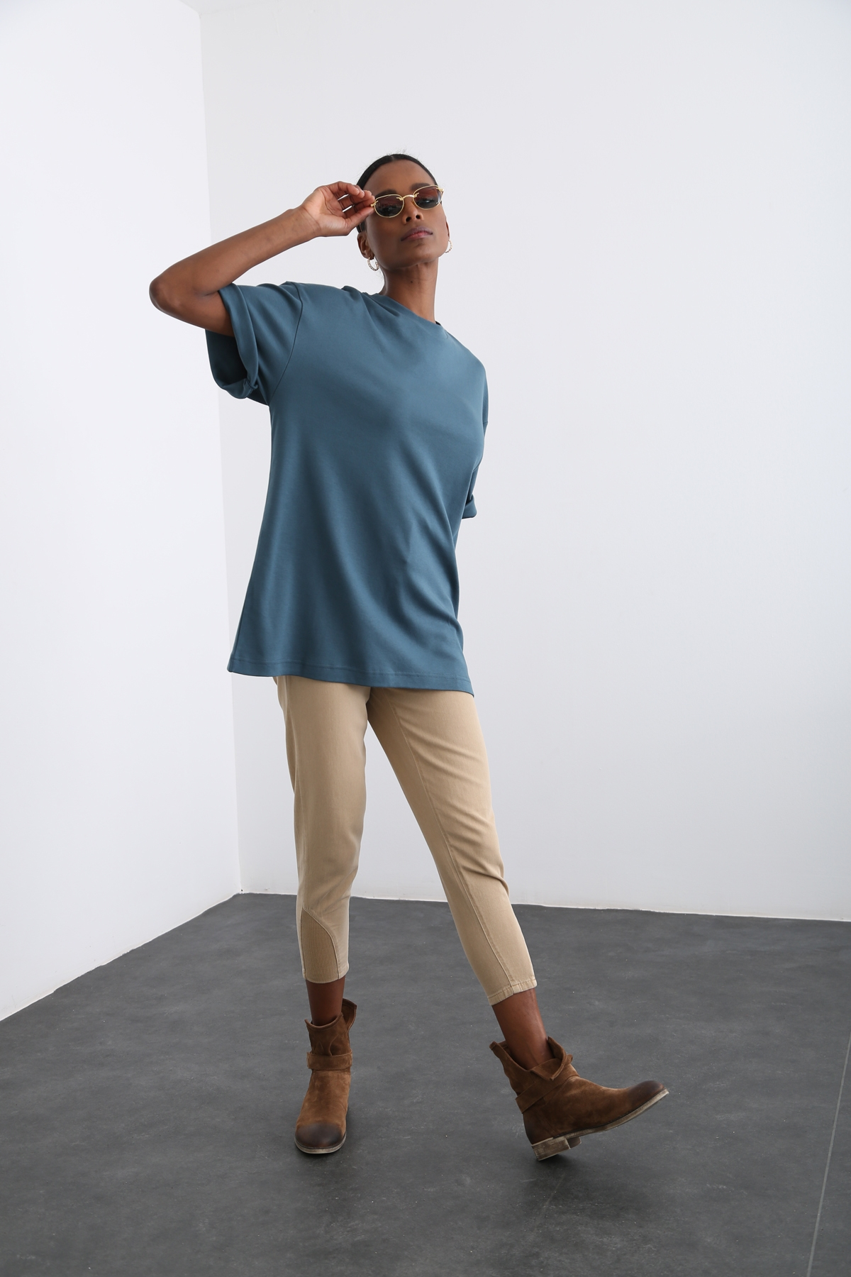 Petrol Mavisi Bisiklet Yaka Basic Tshirt 